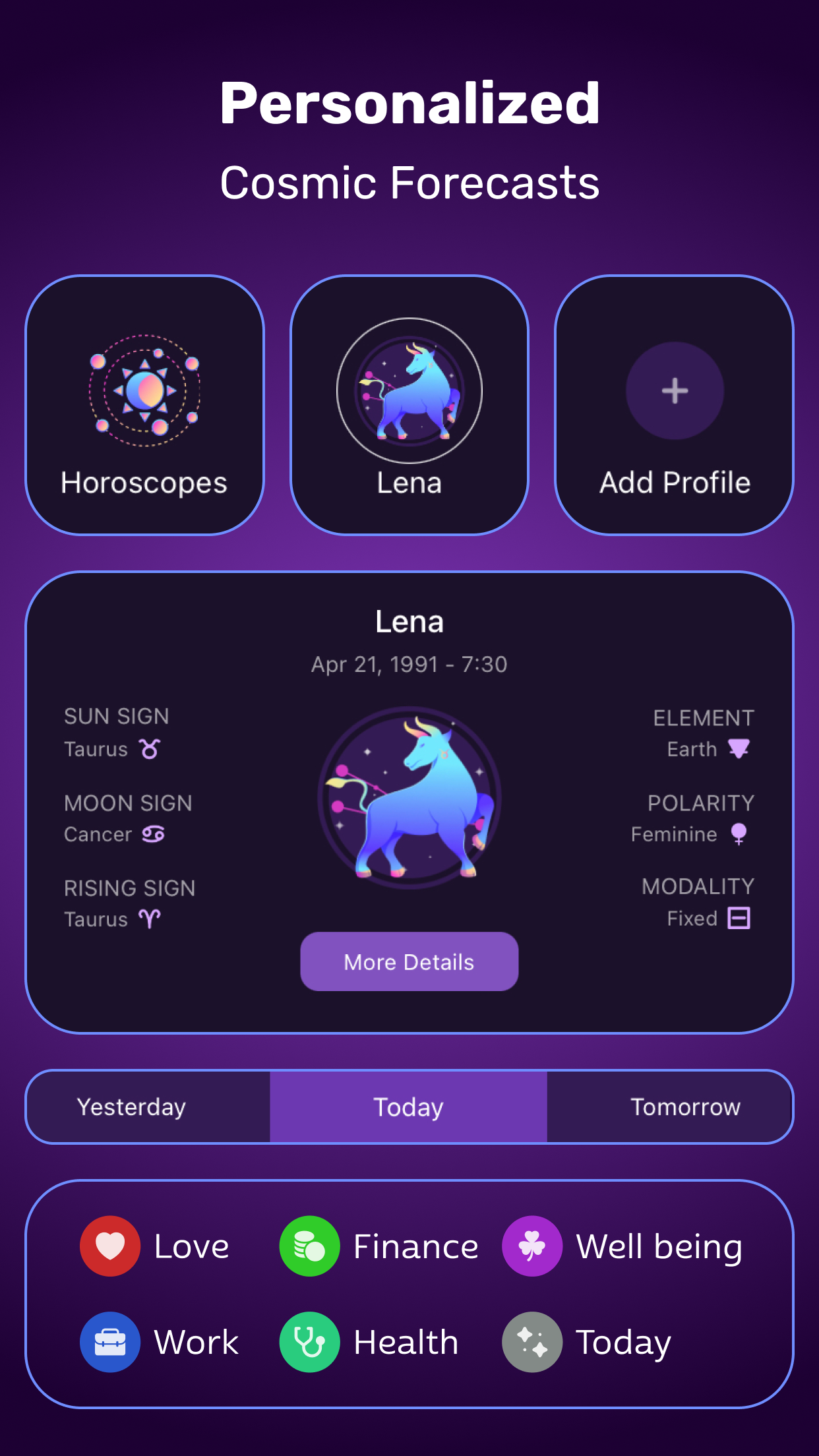 Personalized Sagittarius profile with Sun, Moon and Rising sign in the Daily Horoscope astrology app